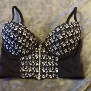 Hot Topic Black and White Skull Print Longline Bra